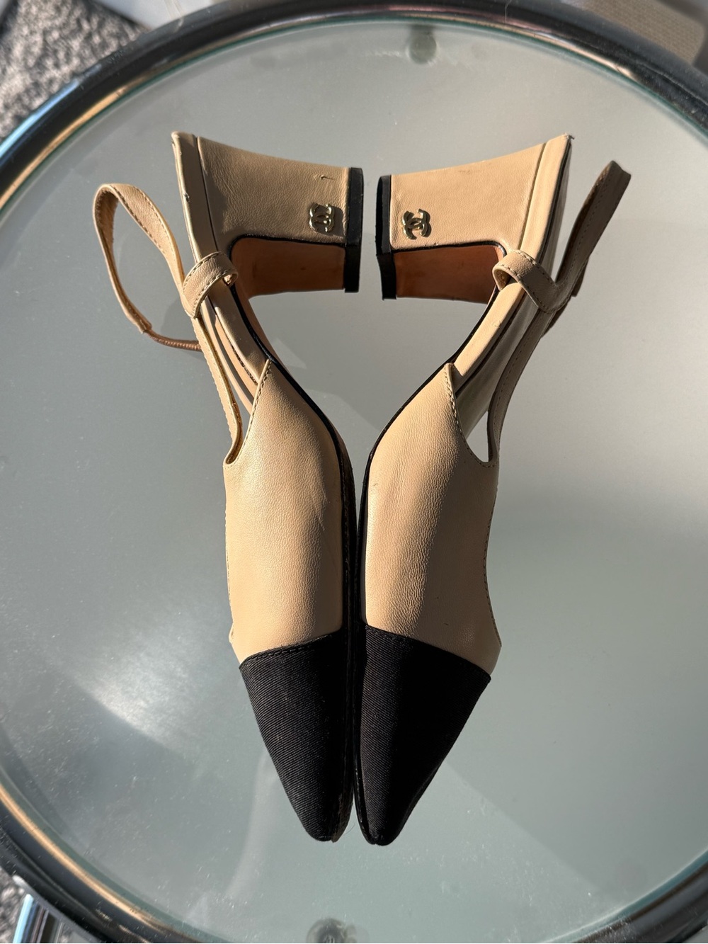 CHANEL Beige and Black Two-Tone Slingback Heels - Picture 11 of 12